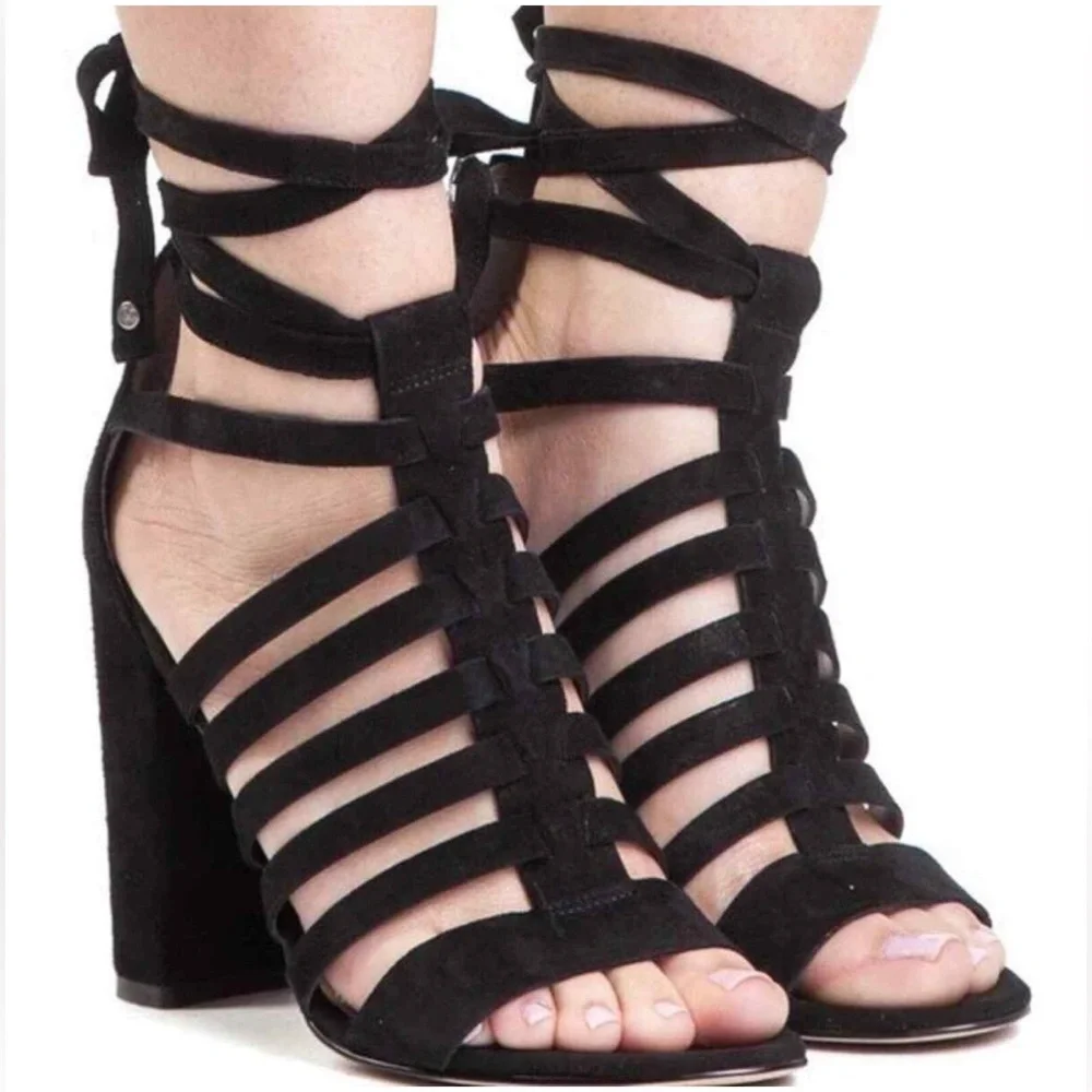 Sam Edelman Yarina Black Strappy 4” Chunky Heel‎ Leather Sandals Women’s 7.5 EUC